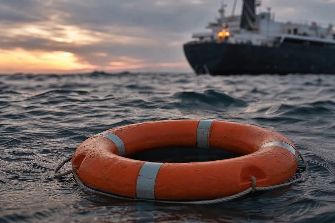 Orange lifebuoy floating on a dark sea at dusk